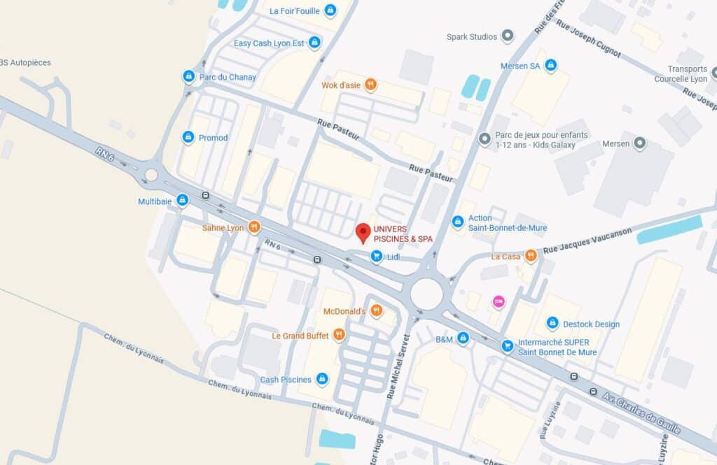 Localisation Univers Piscines & Spa Saint-Bonnet-de-Mure Plan d'accès Univers Piscines & Spa à Saint-Bonnet-de-Mure sur la RN6, proche de Lidl et McDonald's.